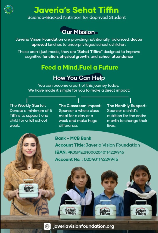 Javeria's Sehat Tiffin NGO donation flyer